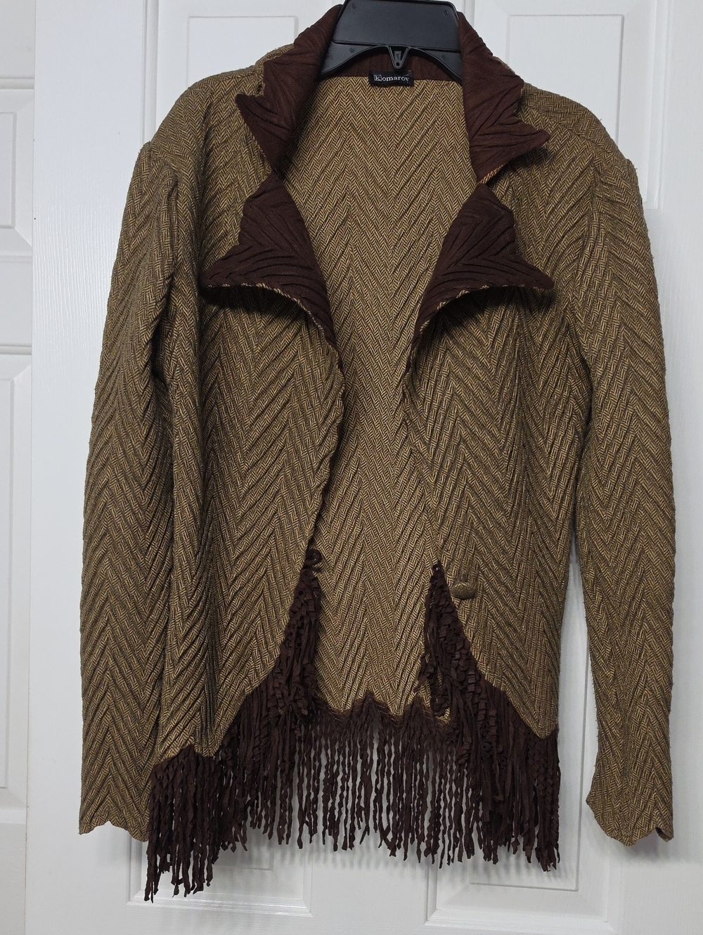 Komarov Tan Blazer with Brown Contrast Collar and Fringe
